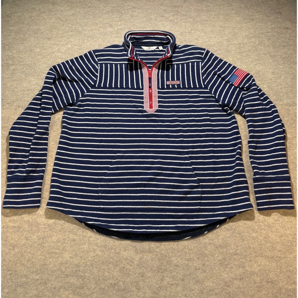 Vineyard Vines Navy White Striped Quarter Zip Pullover Flag Patch Women Large